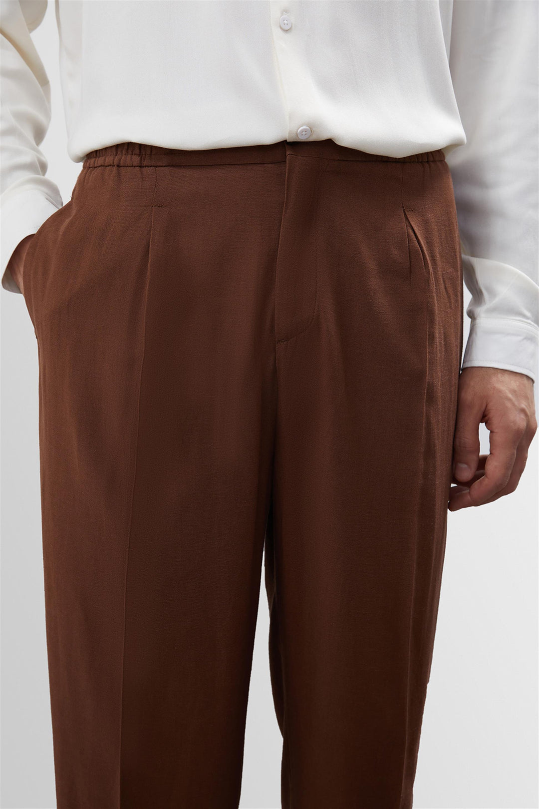 Men's Brown High Waist Pleated Linen Blend  Trousers - Wessi