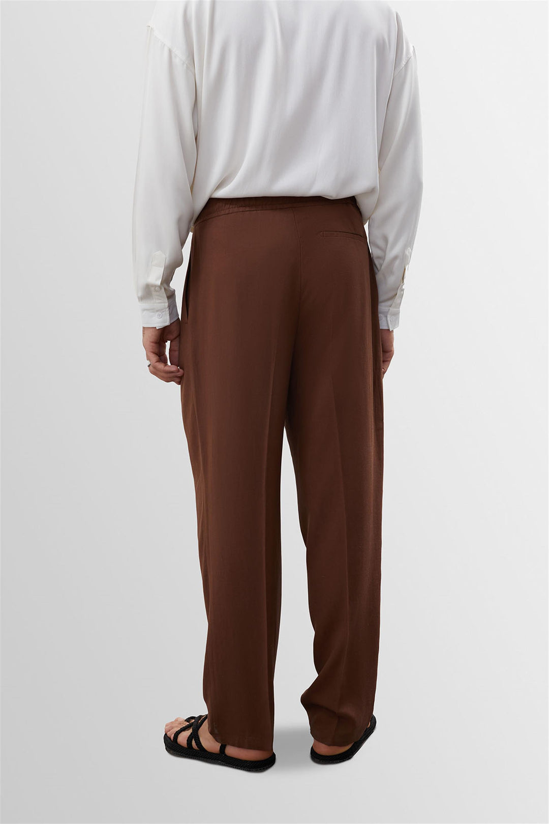 Men's Brown High Waist Pleated Linen Blend  Trousers - Wessi