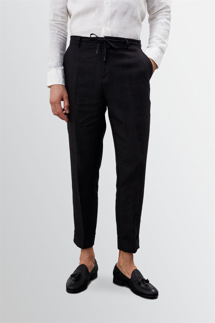 Men's Black Tie Waist High Waist 100% Linen  Trousers - Wessi