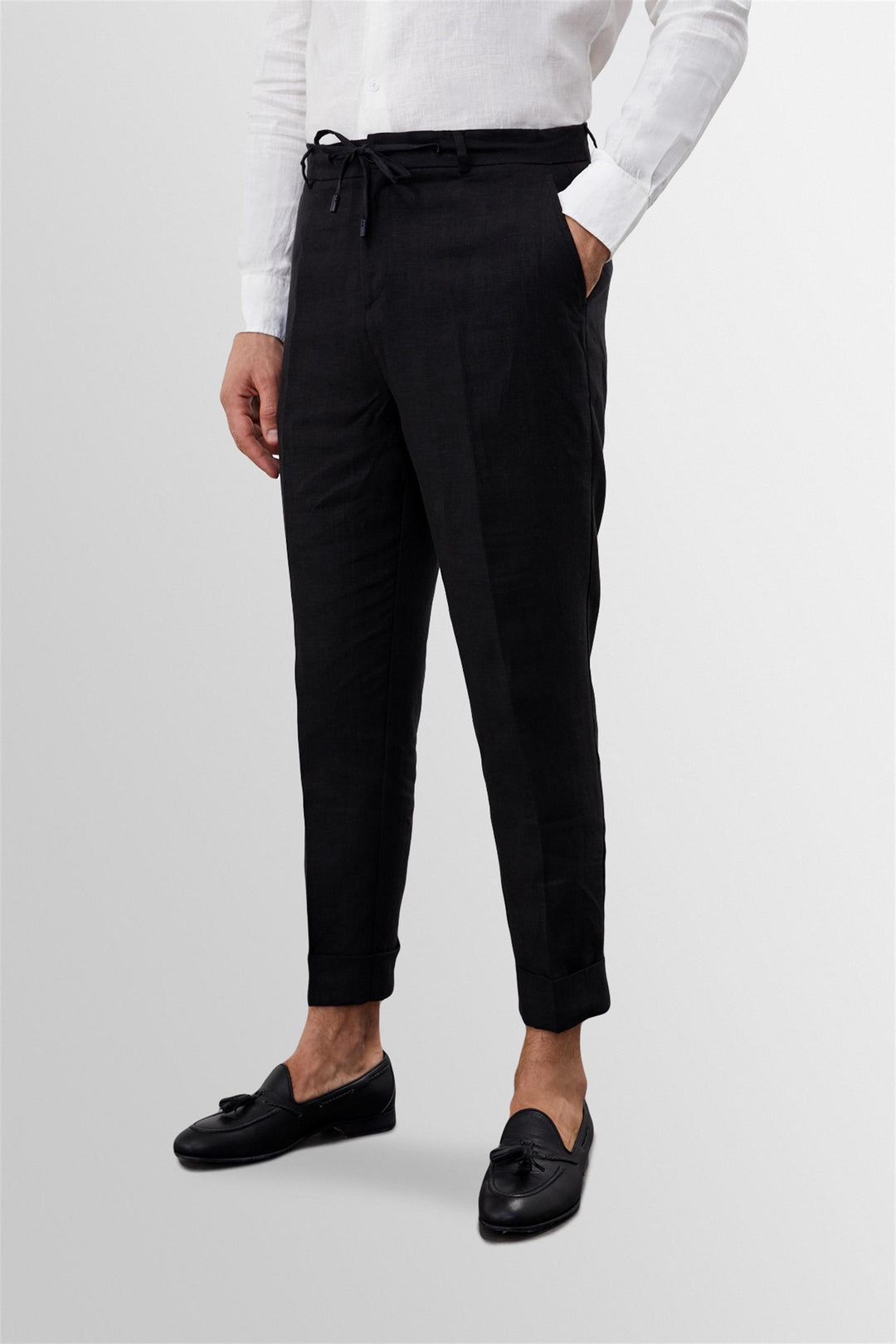 Men's Black Tie Waist High Waist 100% Linen  Trousers - Wessi