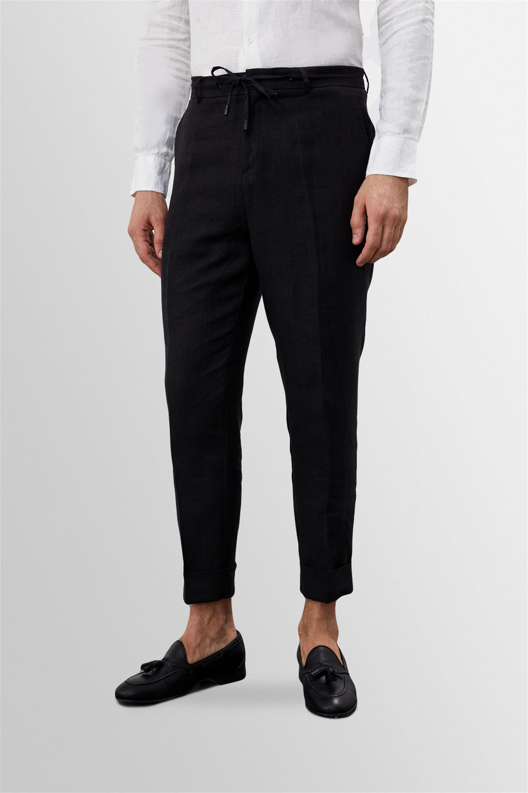 Men's Black Tie Waist High Waist 100% Linen  Trousers - Wessi