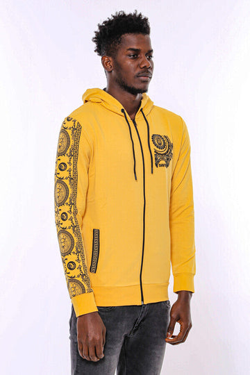 Patterned Hooded Zippered Yellow Sweatshirt - Wessi