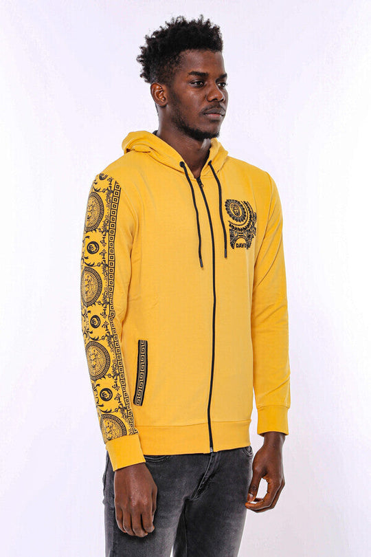 Patterned Hooded Zippered Yellow Sweatshirt - Wessi