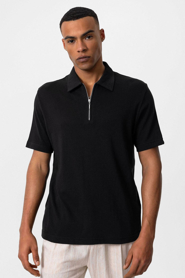 Men's Black Polo Collar Zippered T-Shirt - Wessi