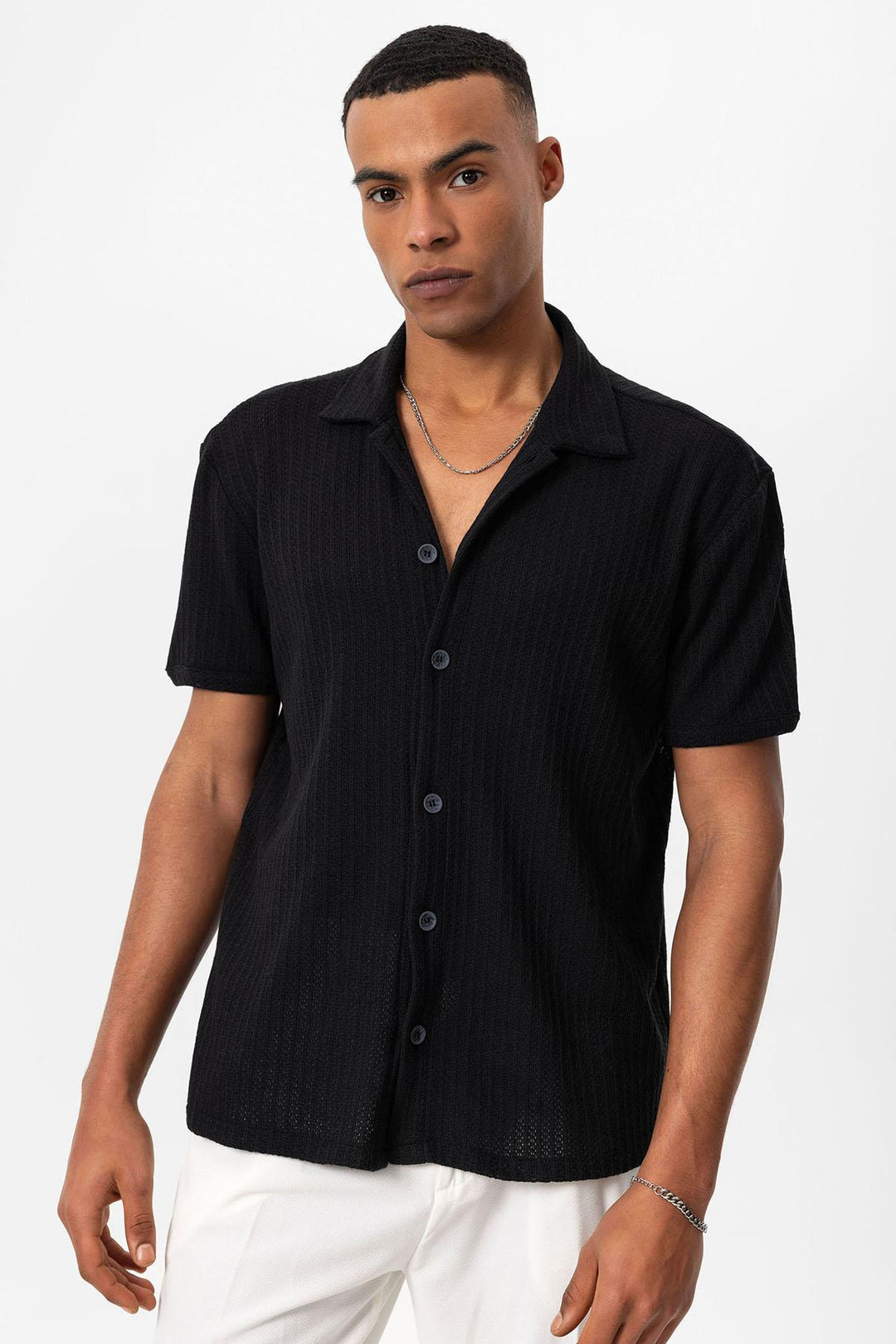 Camisa de hombre de manga corta de punto con cuello polo negro - Wessi