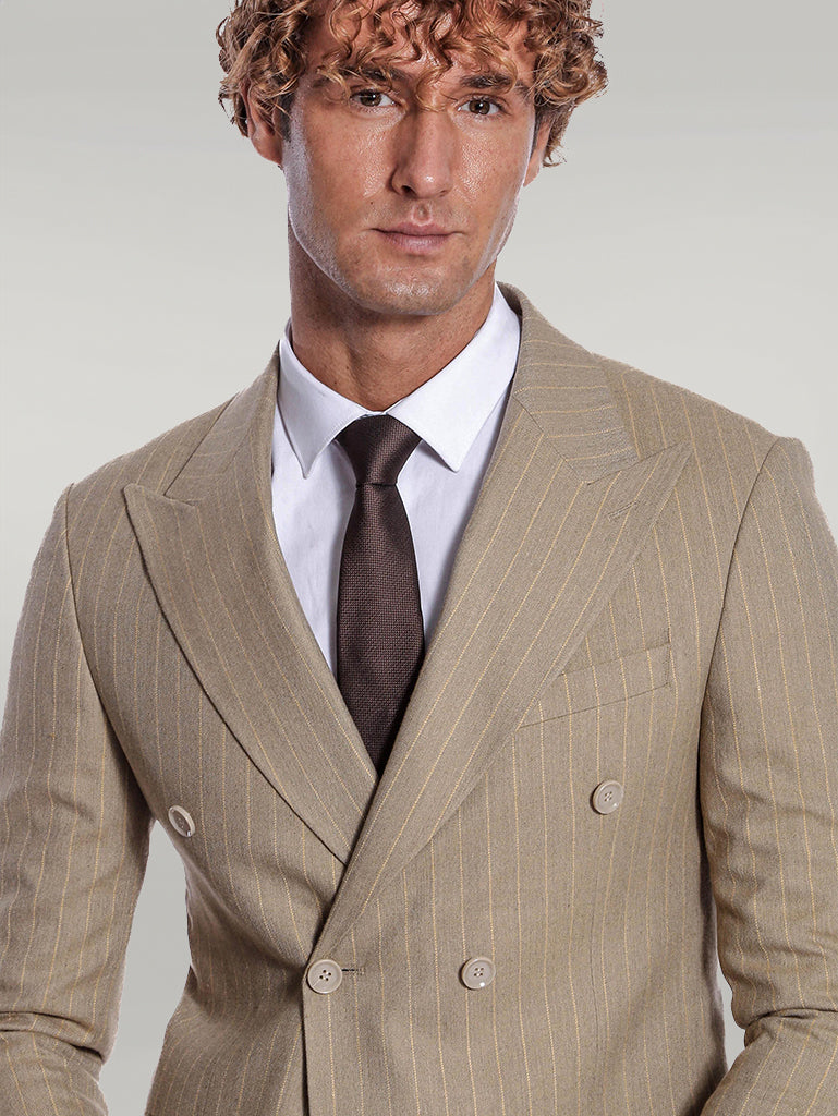 Striped Double Breasted Cream Men Blazer - Wessi