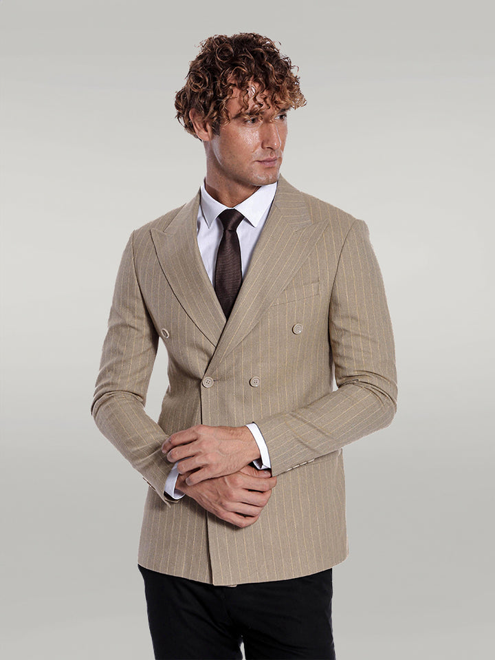 Striped Double Breasted Cream Men Blazer - Wessi