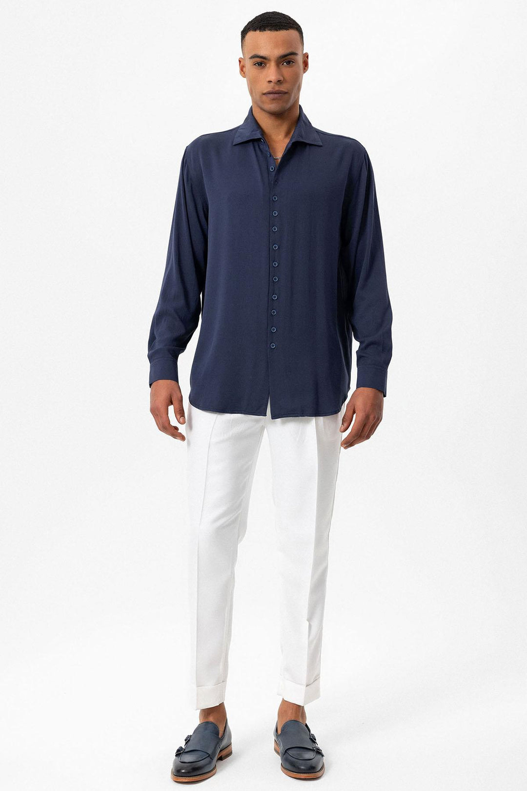 Camisa de hombre azul marino regular fit con cuello camp - Wessi