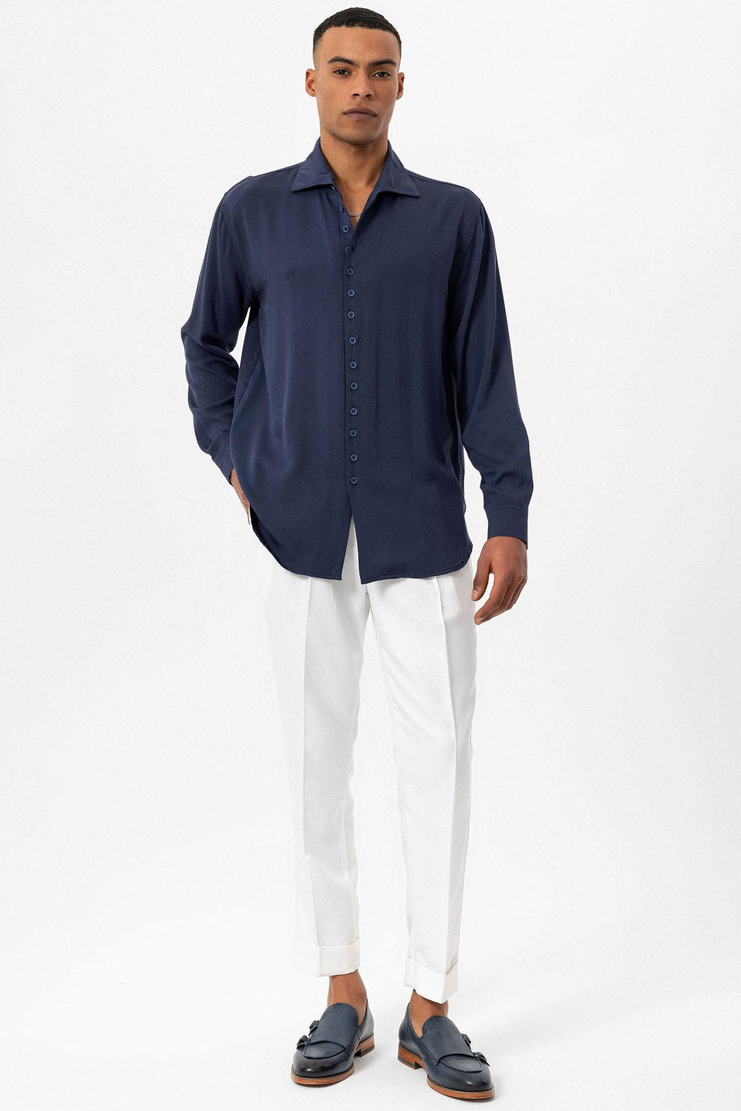 Camisa de hombre azul marino regular fit con cuello camp - Wessi