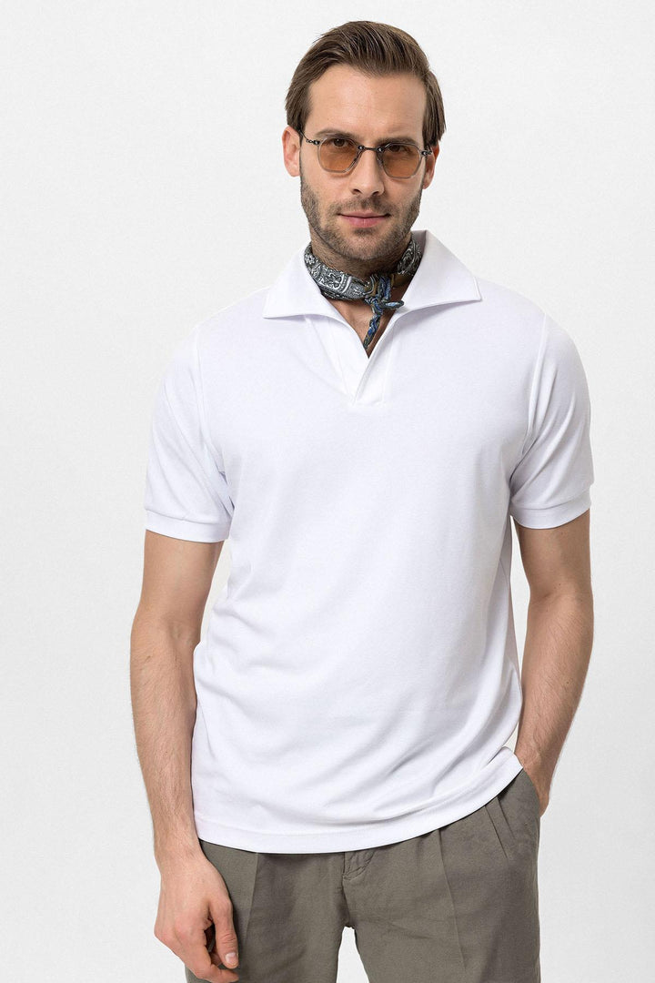 Men's White Regular Fit Camp Collar  T-Shirt - Wessi