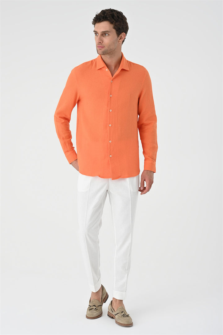 Camisa tejida de corte regular naranja para hombre - Wessi