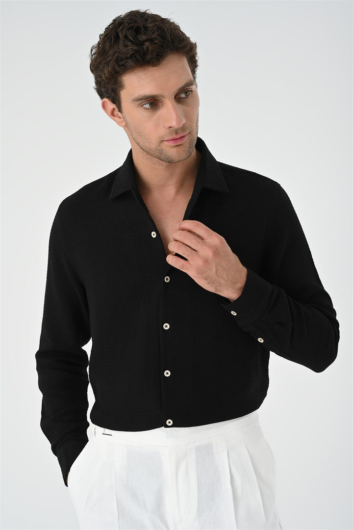 Men's Black Regular Fit Woven  Shirt - Wessi