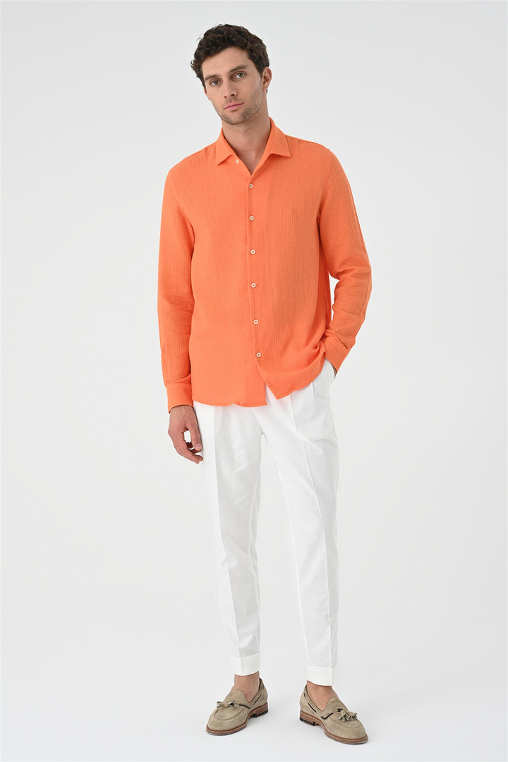 Camisa tejida de corte regular naranja para hombre - Wessi