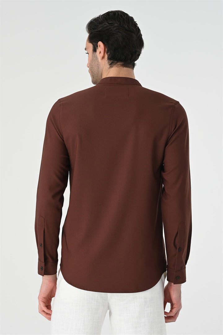 Men's Brown Regular Fit Mandarin Collar Shirt - Wessi