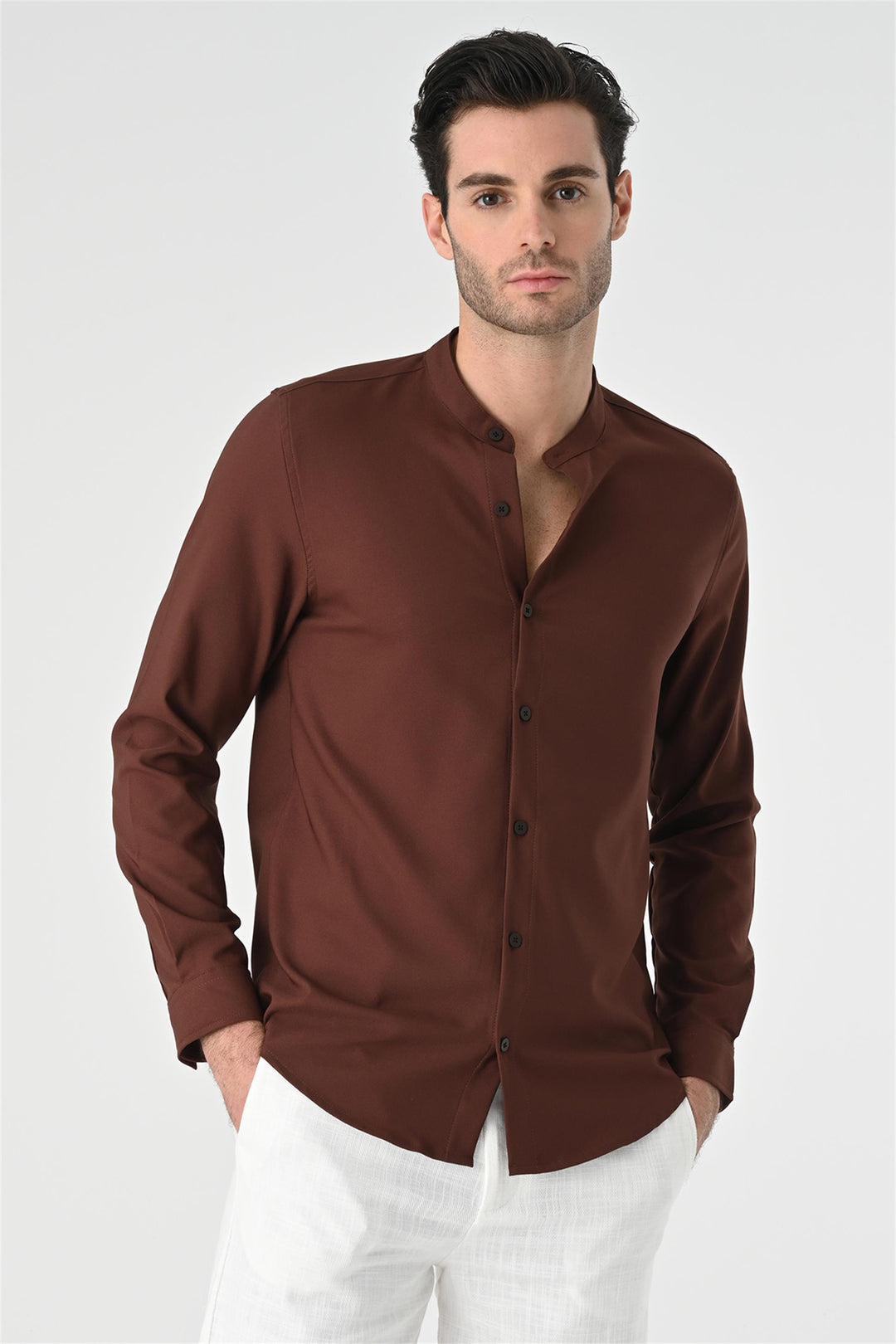 Men's Brown Regular Fit Mandarin Collar Shirt - Wessi