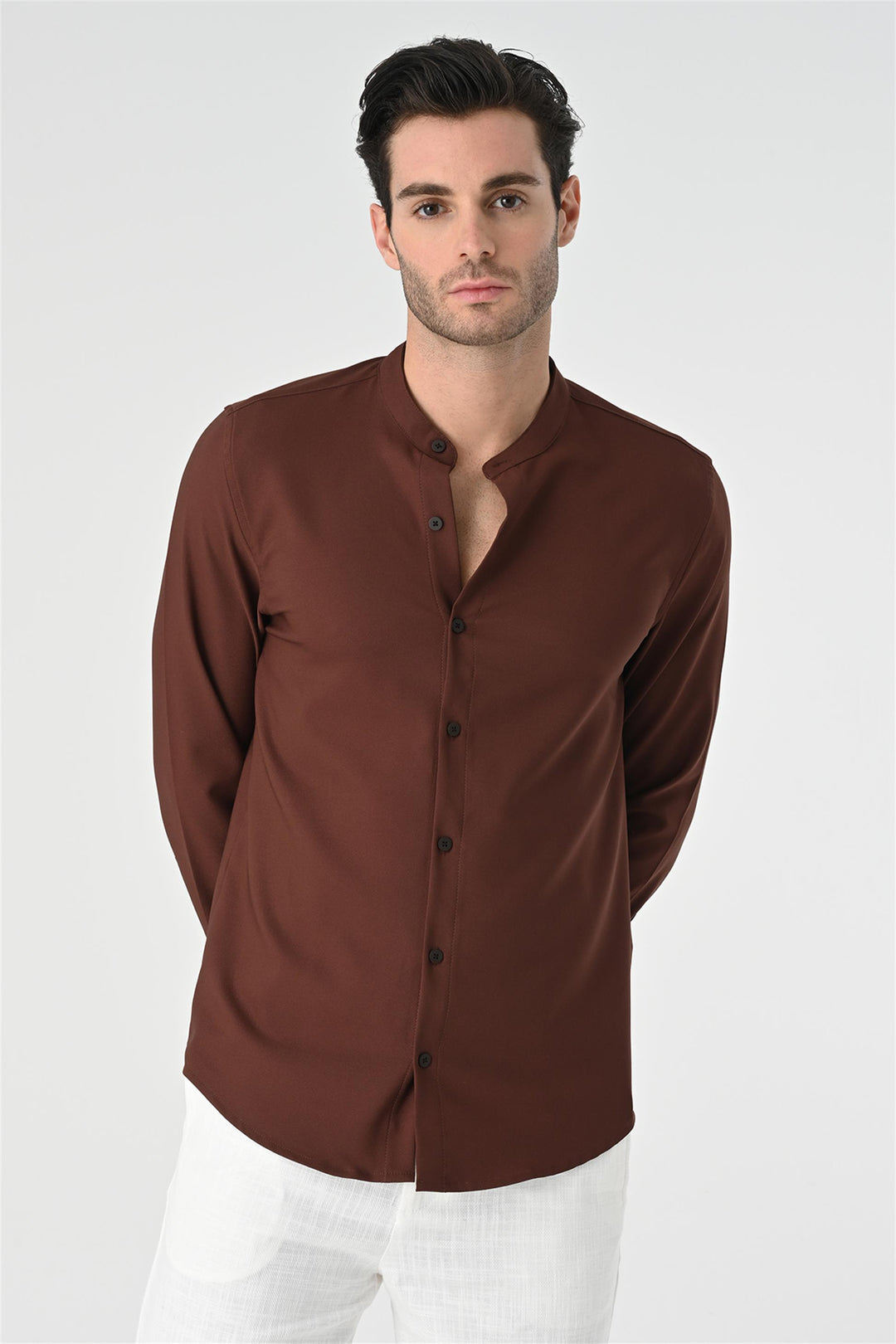 Men's Brown Regular Fit Mandarin Collar Shirt - Wessi