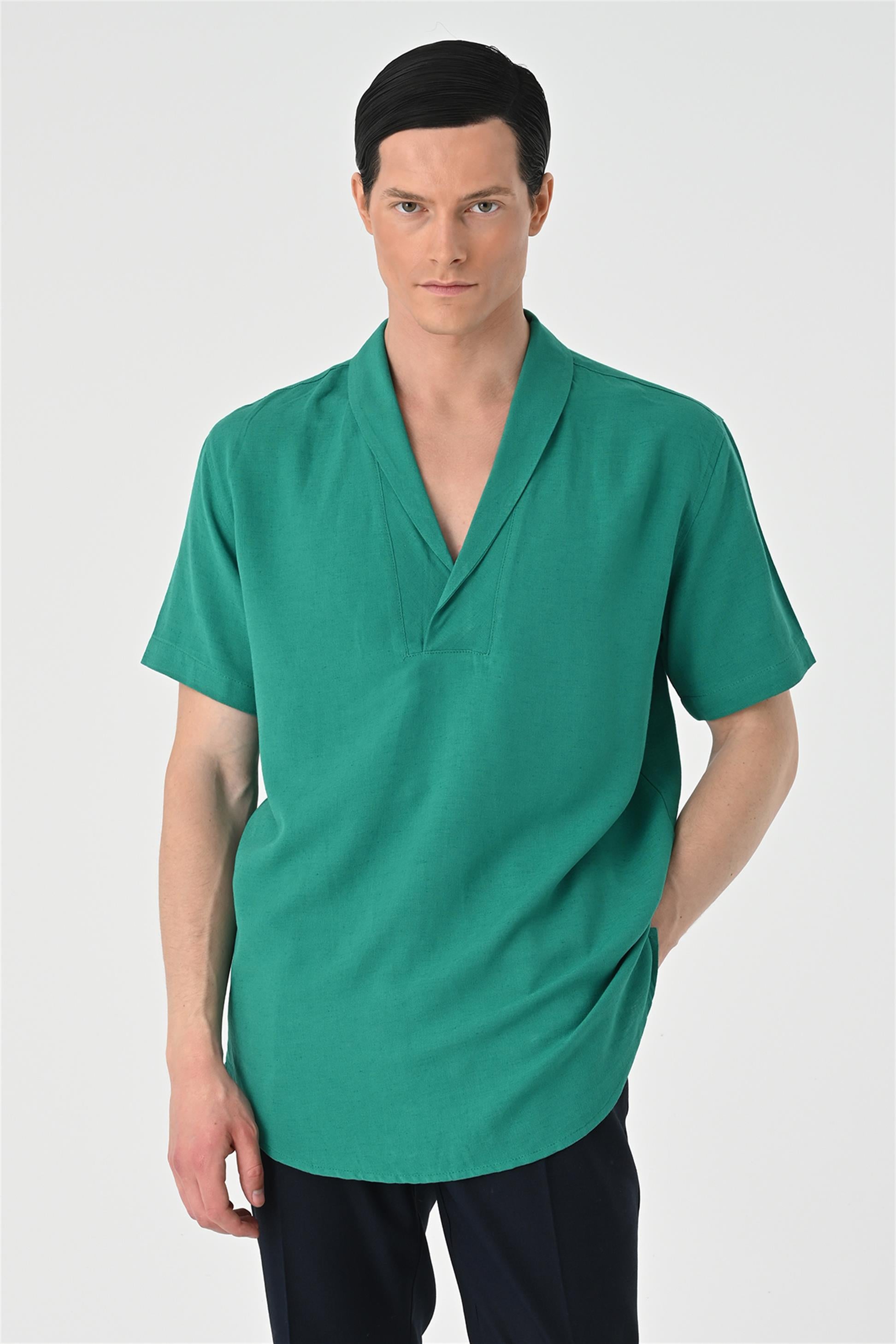 Men's Green Relax Fit Shawl Collar Short Sleeve Shirt - Wessi