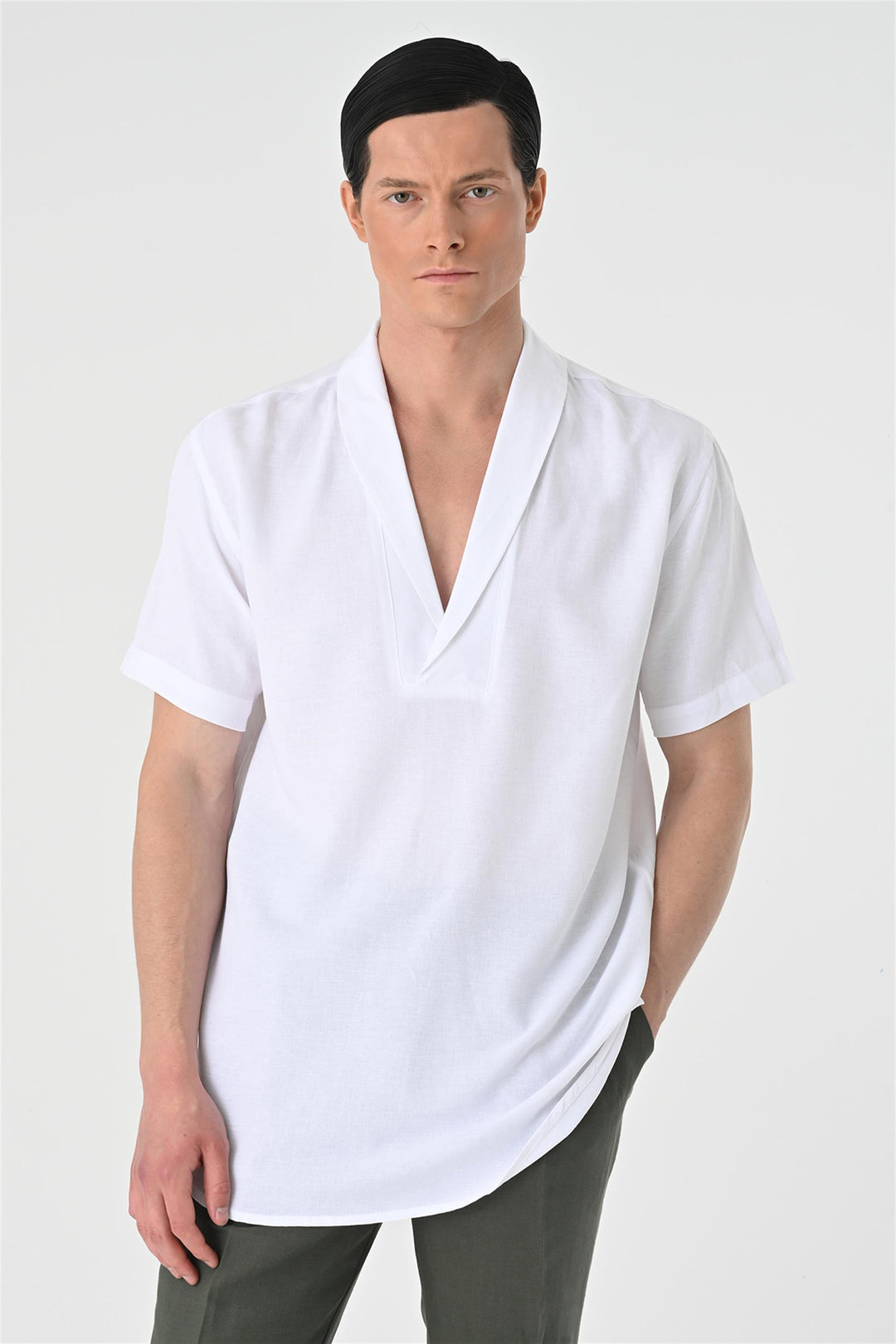 Men's White Relax Fit Shawl Collar Short Sleeve  Shirt - Wessi