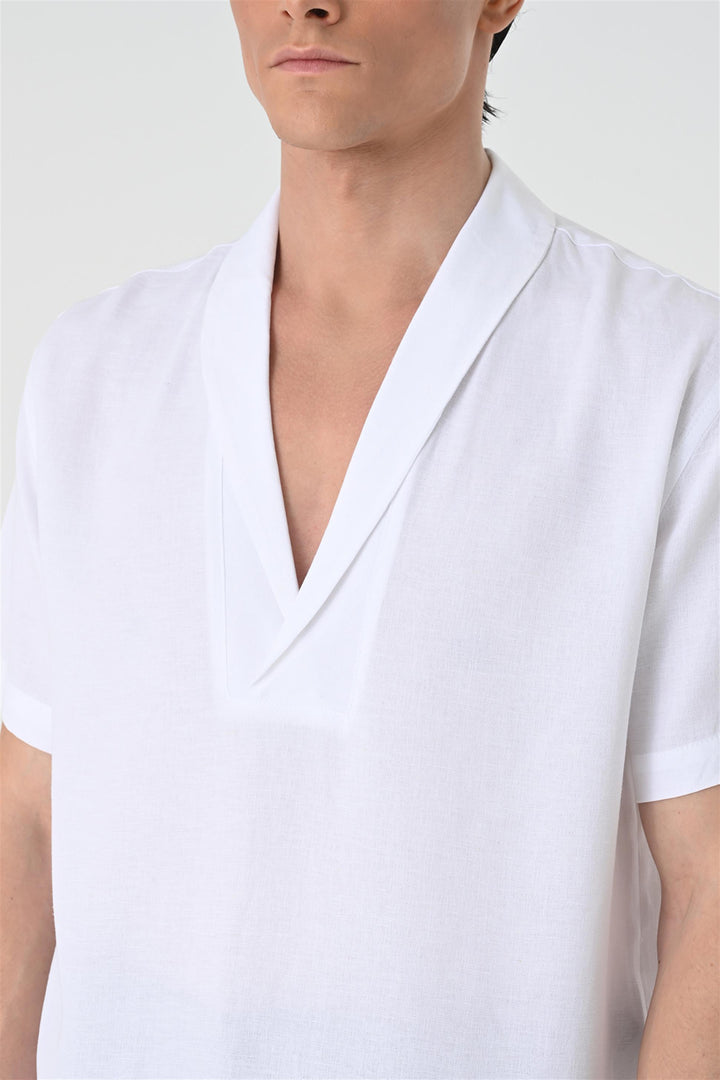 Camisa de manga corta con cuello chal Relax Fit blanca para hombre - Wessi