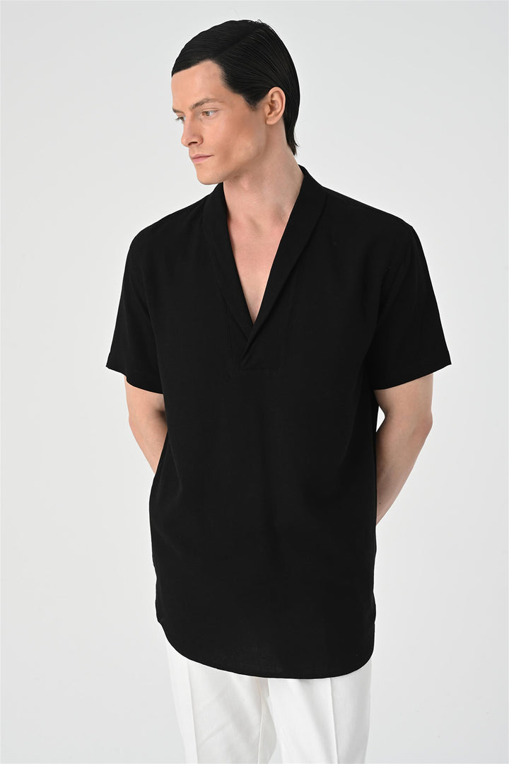 Men's Black Relax Fit Shawl Collar Short Sleeve  Shirt - Wessi