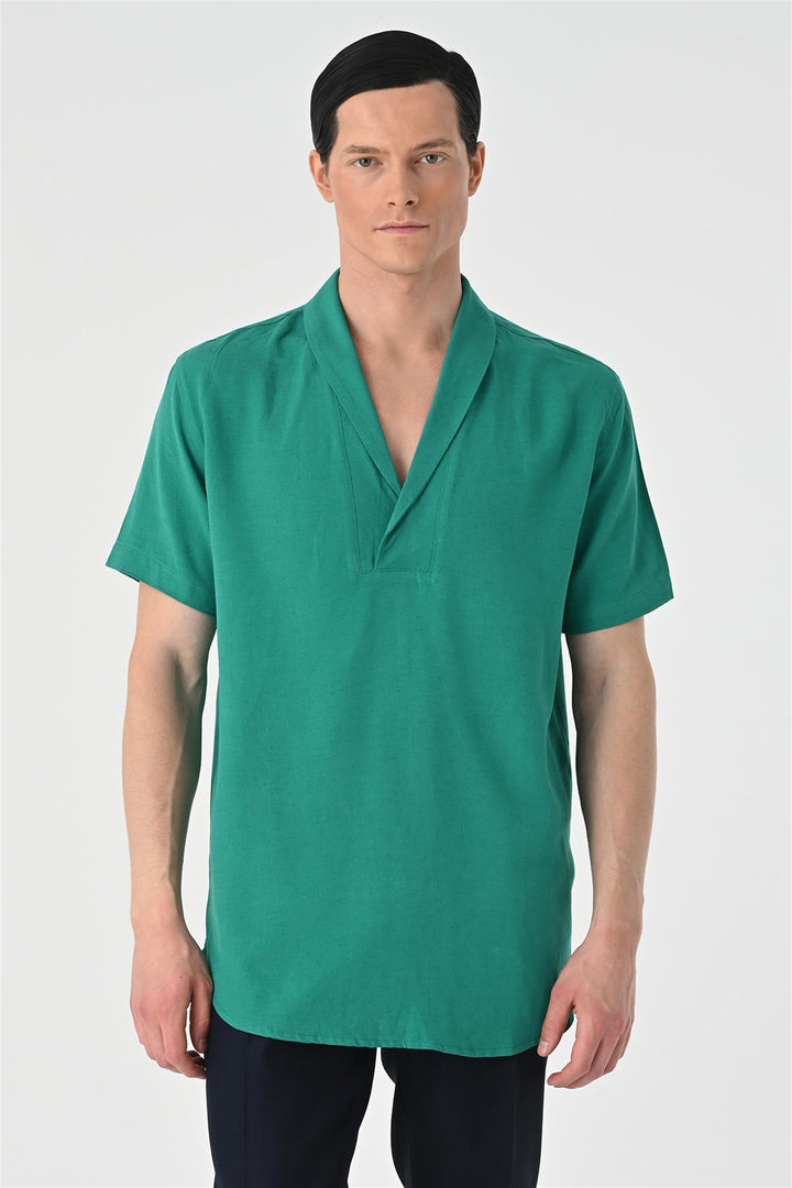 Camisa Relax Fit De Manga Corta Con Cuello Chal De Hombre Verde - Wessi