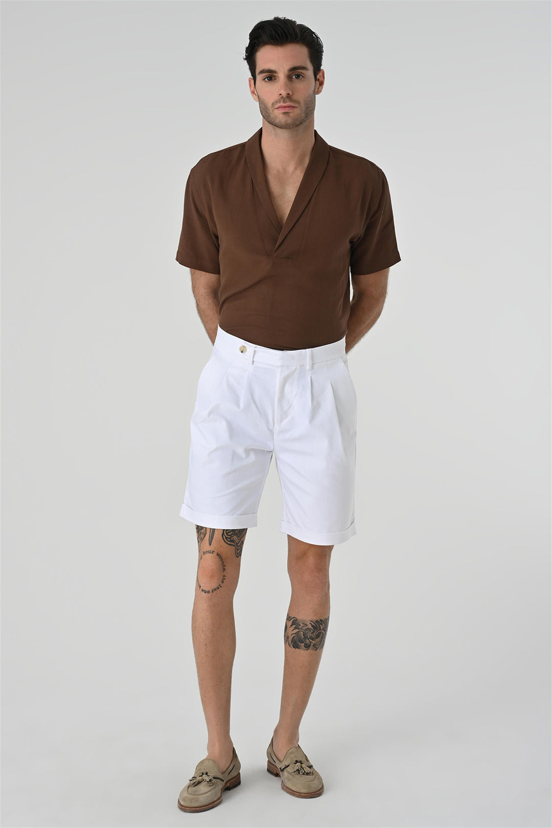 Men's Brown Relax Fit Shawl Collar Short Sleeve  Shirt - Wessi