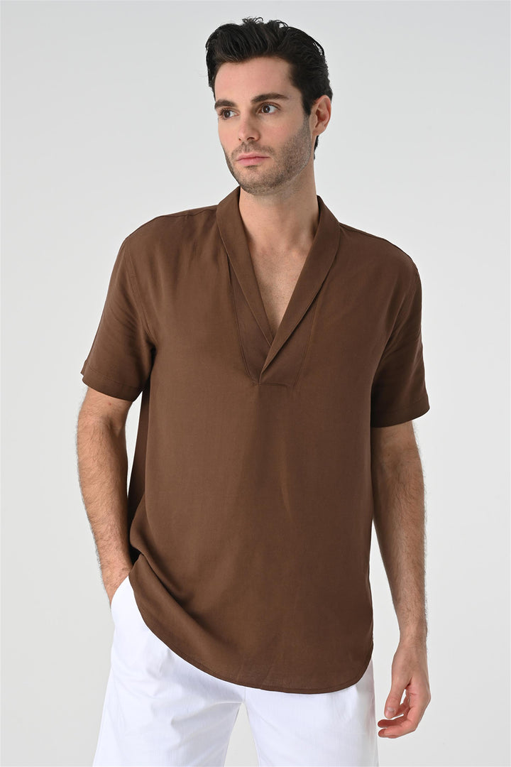 Men's Brown Relax Fit Shawl Collar Short Sleeve  Shirt - Wessi