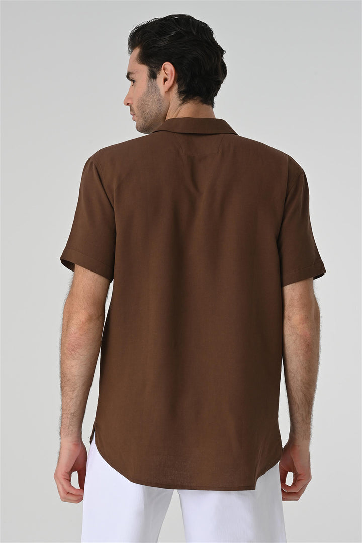 Men's Brown Relax Fit Shawl Collar Short Sleeve  Shirt - Wessi