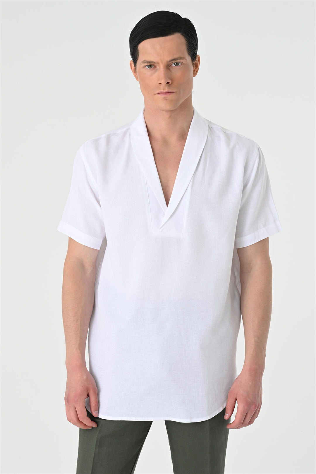 Men's White Relax Fit Shawl Collar Short Sleeve  Shirt - Wessi