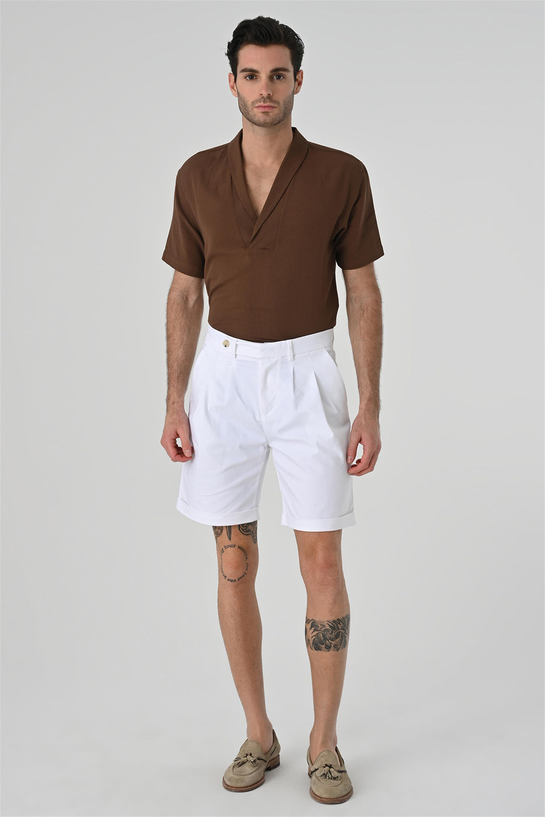 Men's Brown Relax Fit Shawl Collar Short Sleeve  Shirt - Wessi