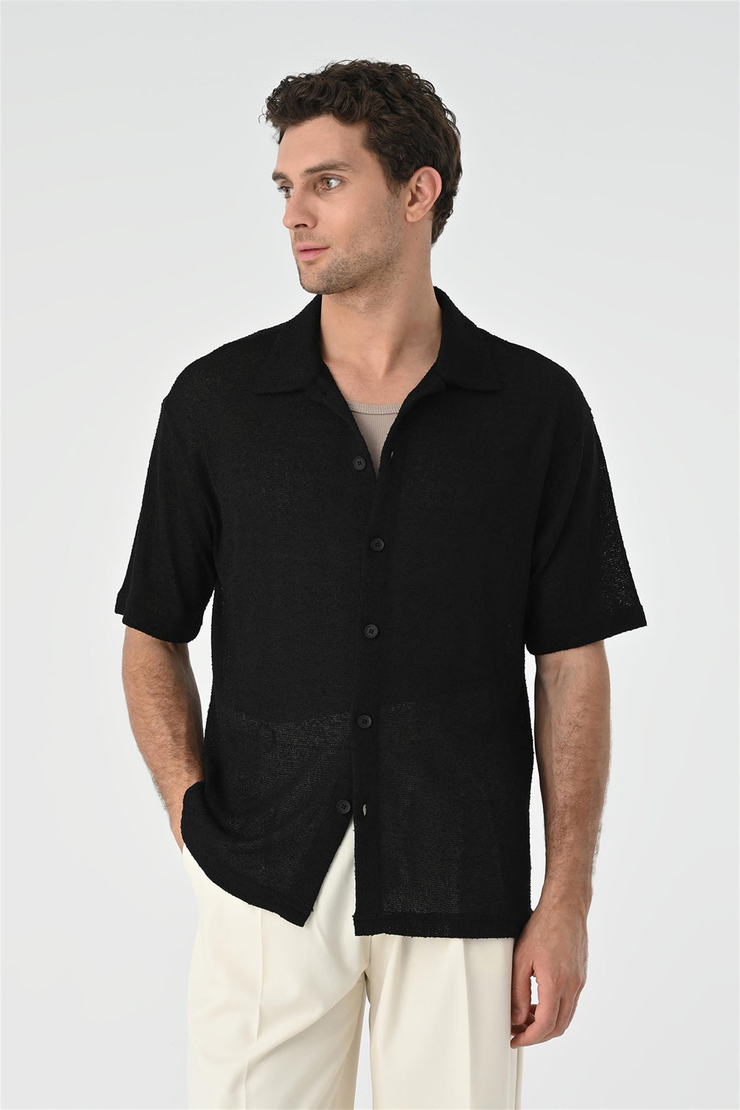 Men's Black Relax Fit Knitwear  Shirt - Wessi