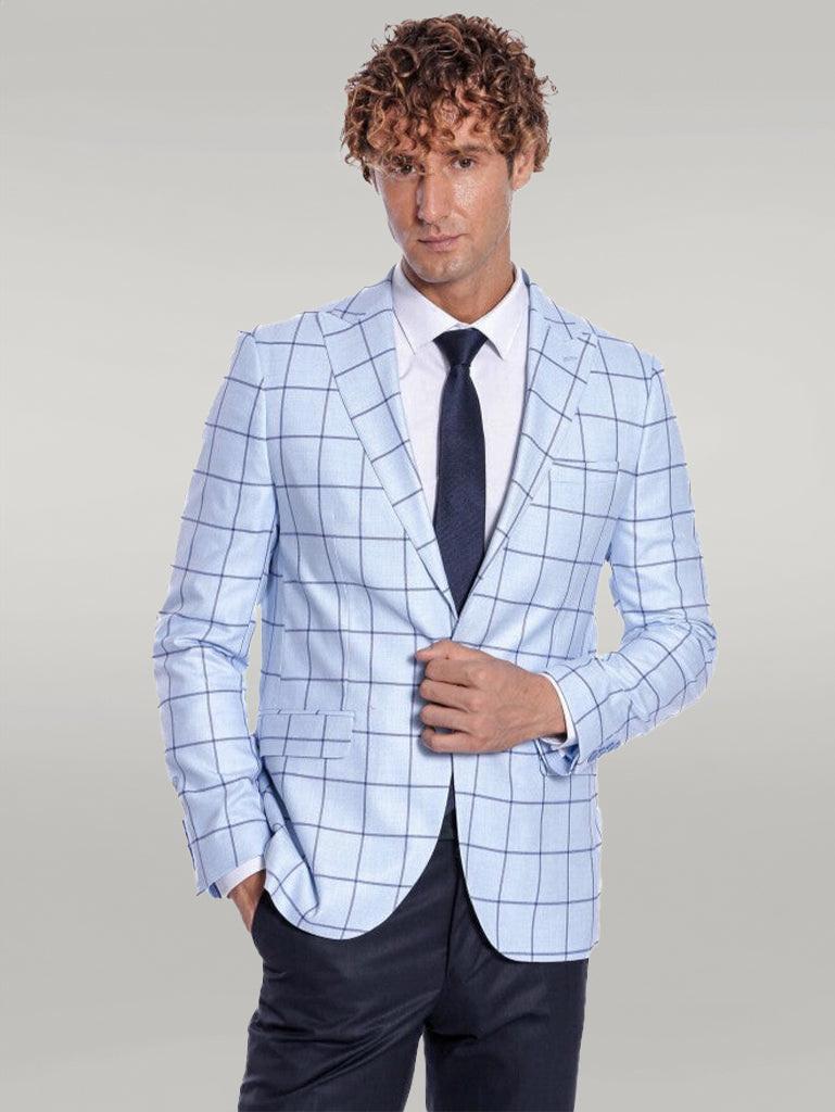 Plaid Slim Fit Light Blue Men Blazer - Wessi