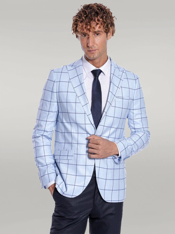 Plaid Slim Fit Light Blue Men Blazer - Wessi