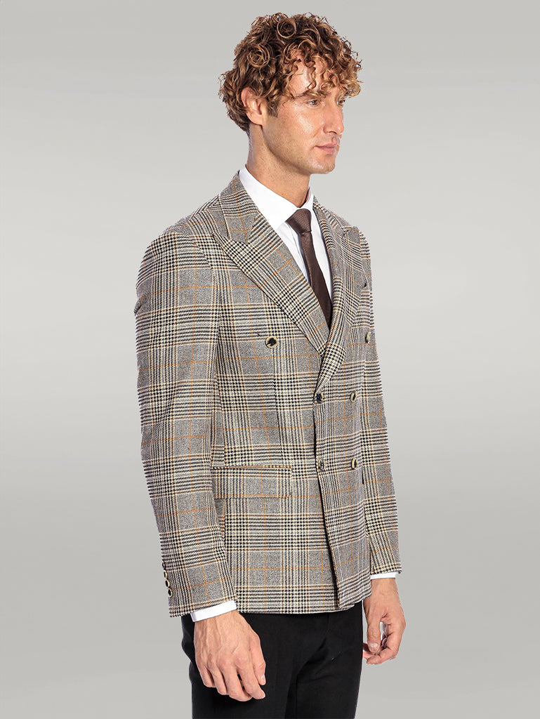 Double Breasted Checked Grey Men Blazer - Wessi