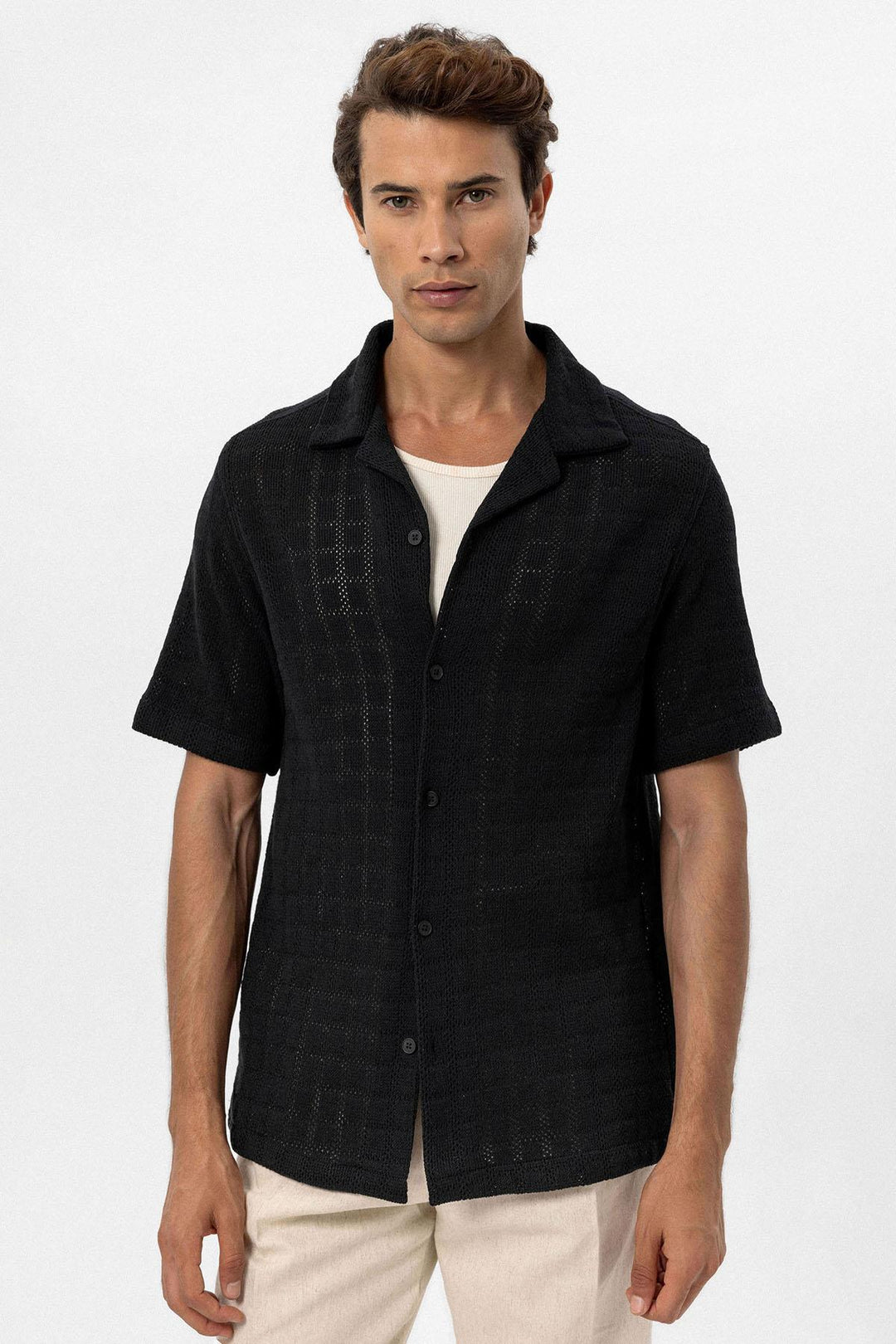 Chemise Tissée Col Camp Noir Homme - Wessi