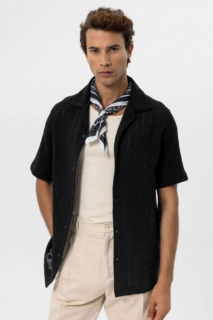 Chemise Tissée Col Camp Noir Homme - Wessi