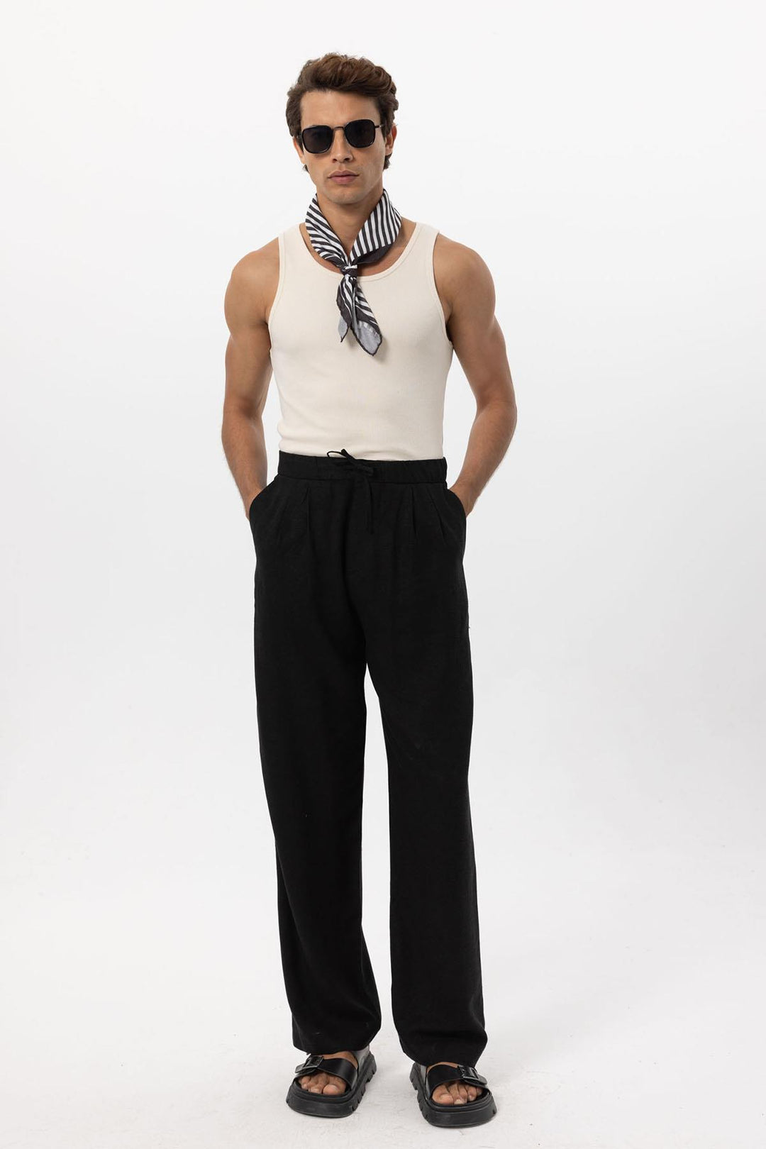 Men's Black Belted Linen Blend Pants - Wessi