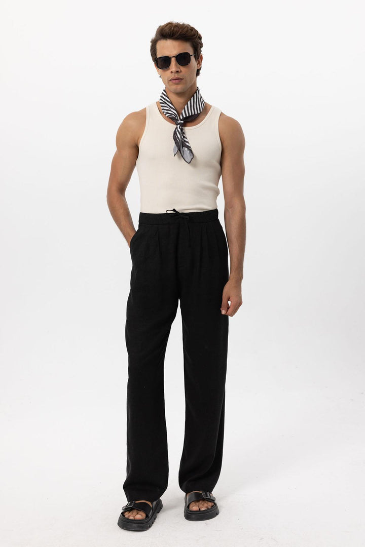 Men's Black Belted Linen Blend Pants - Wessi