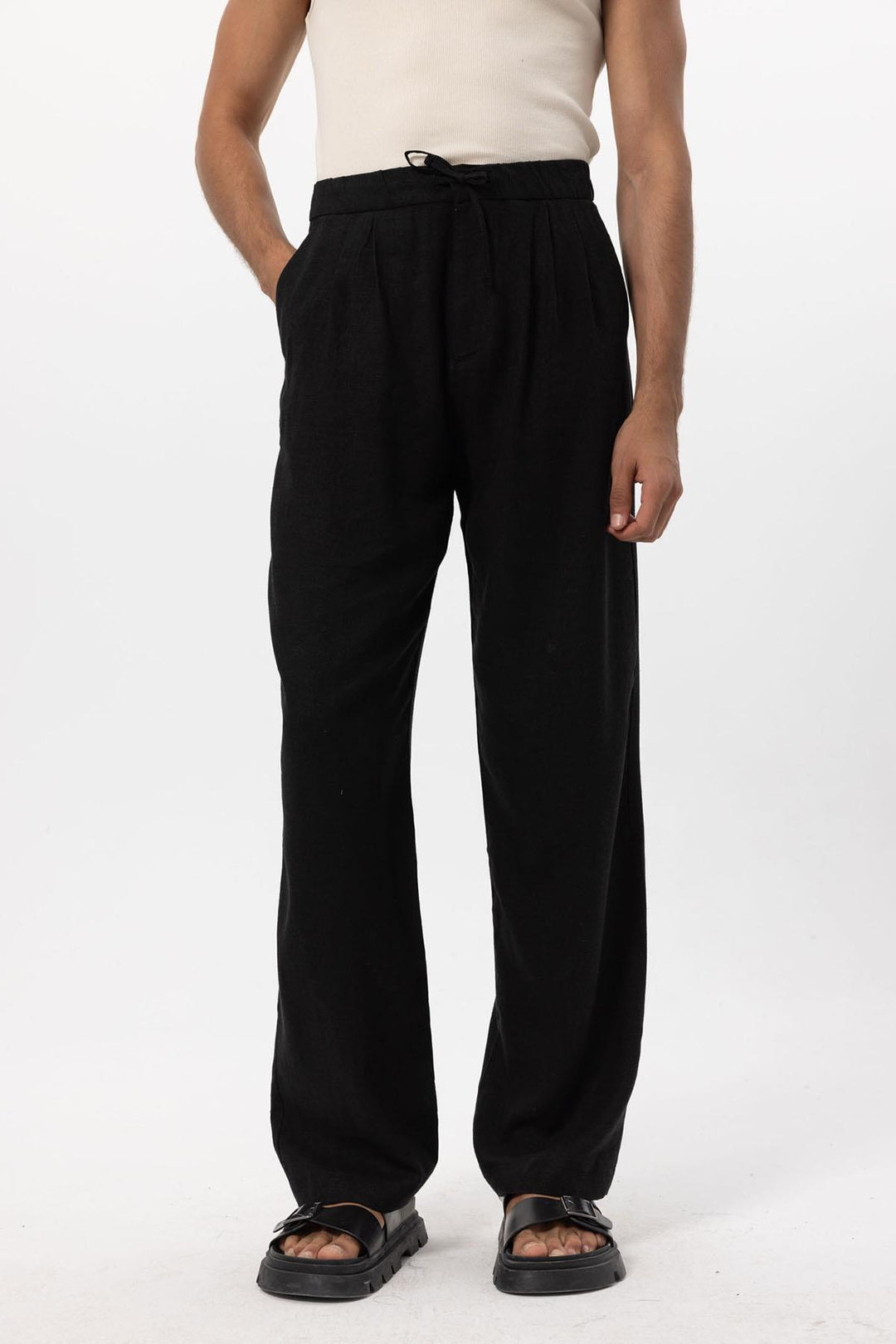 Men's Black Belted Linen Blend Pants - Wessi