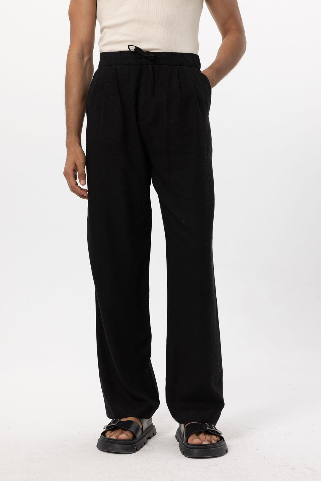 Men's Black Belted Linen Blend Pants - Wessi