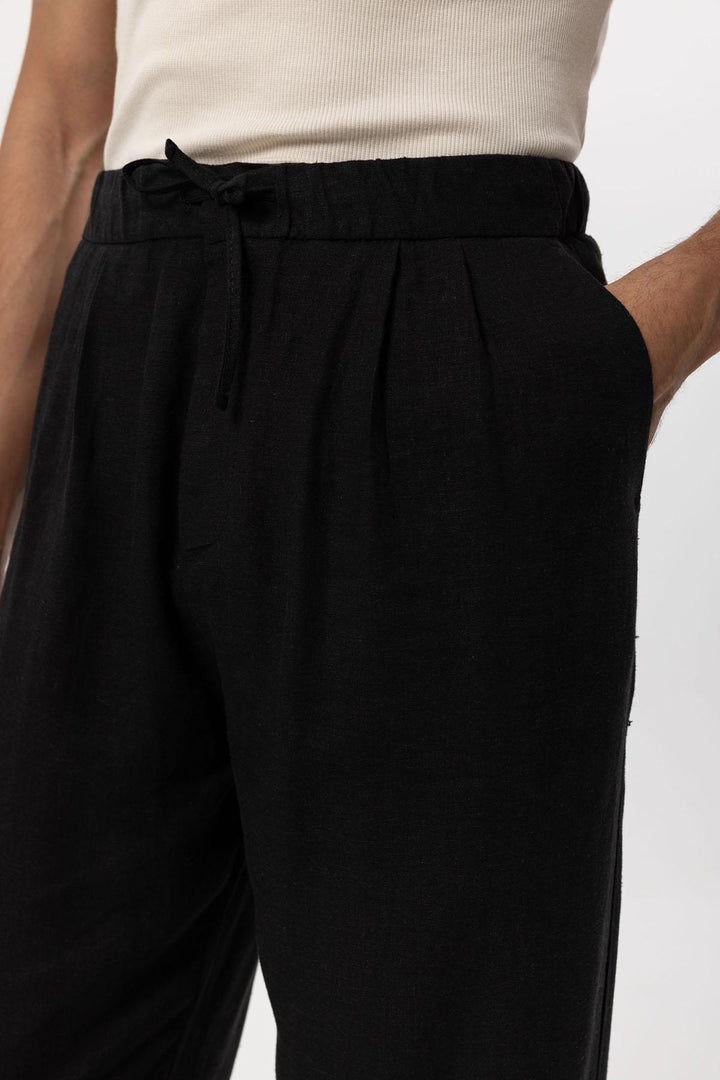 Men's Black Belted Linen Blend Pants - Wessi