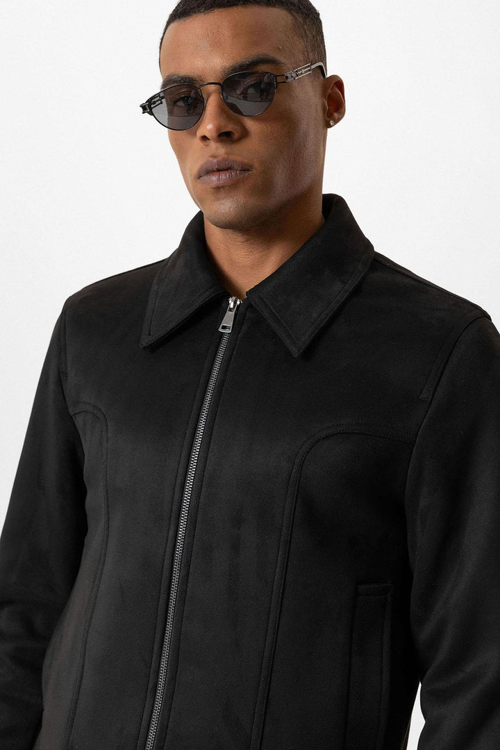 Black Crop Fit Suede Men's Jacket - Wessi