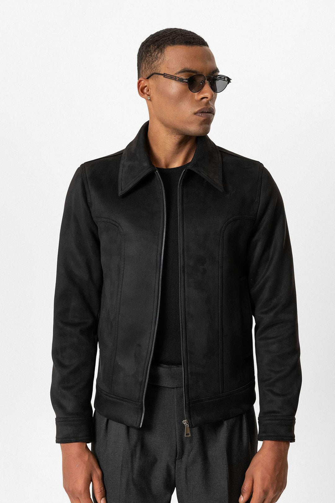 Black Crop Fit Suede Men's Jacket - Wessi