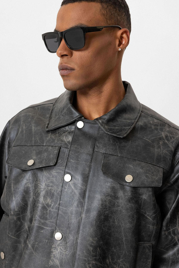 Black Crop Fit Faux Leather Men's Jacket - Wessi