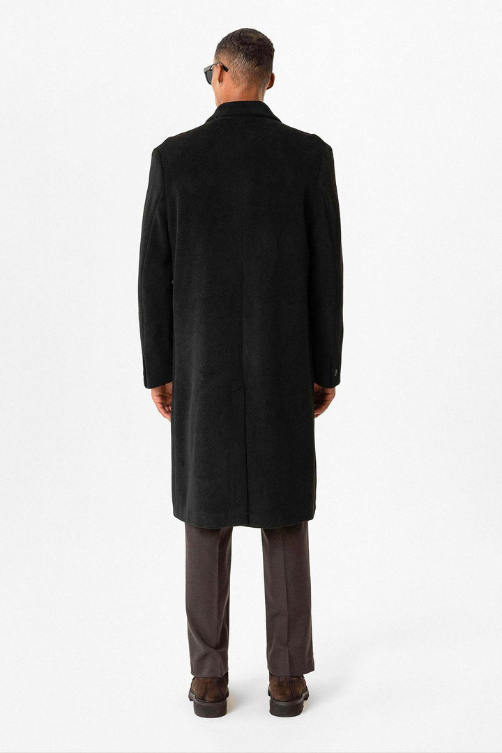 Black Textured Double-Breasted Men's Coat - Wessi