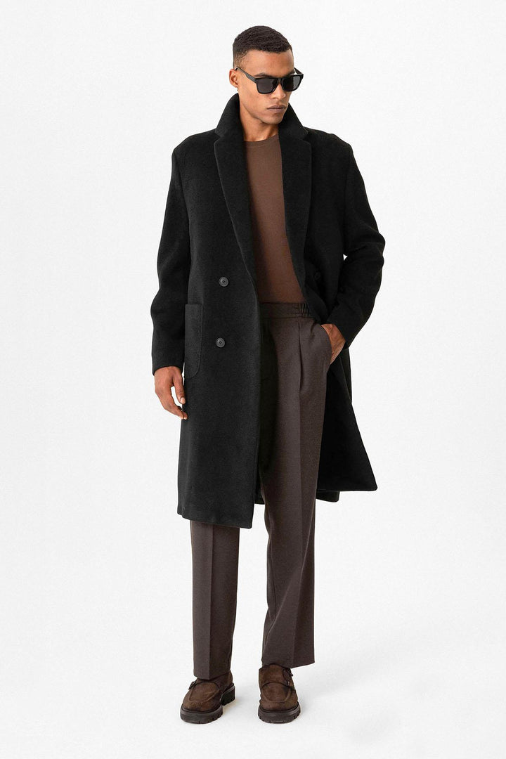 Black Textured Double-Breasted Men's Coat - Wessi