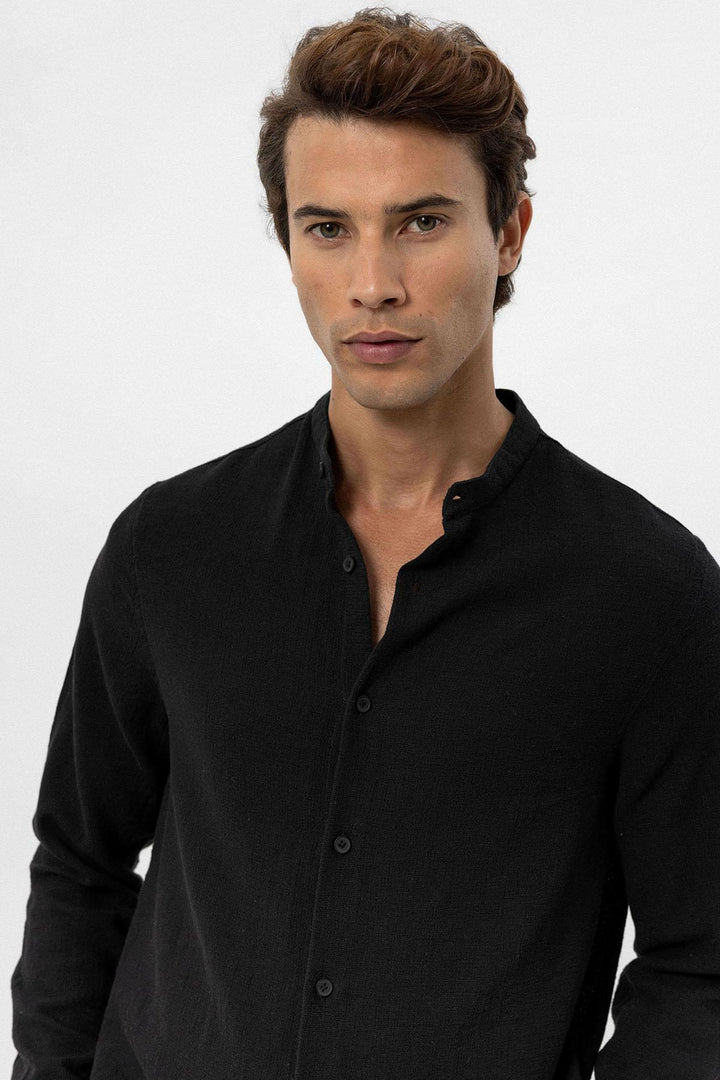 Men's Black Mandarin Collar Woven Shirt - Wessi