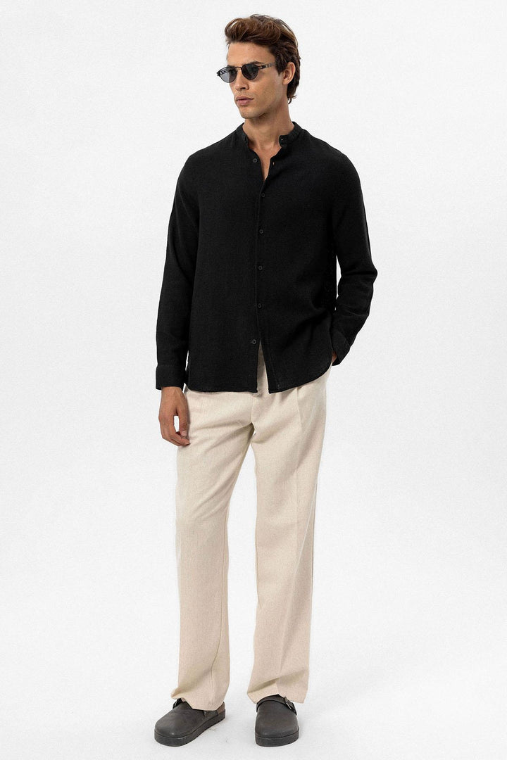 Men's Black Mandarin Collar Woven Shirt - Wessi