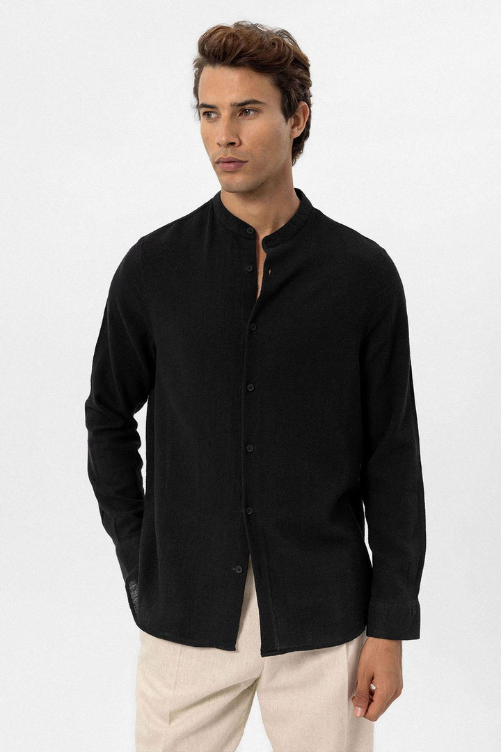 Men's Black Mandarin Collar Woven Shirt - Wessi