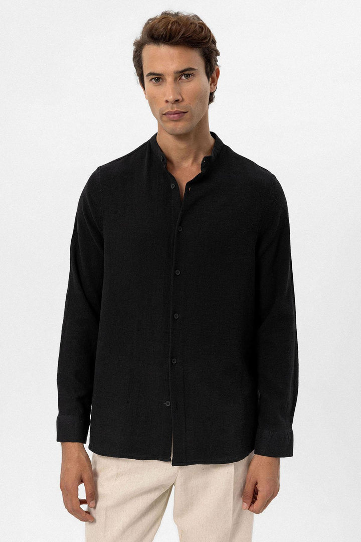 Men's Black Mandarin Collar Woven Shirt - Wessi